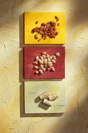 pasta, pumkinseed and cork in a setupの写真素材