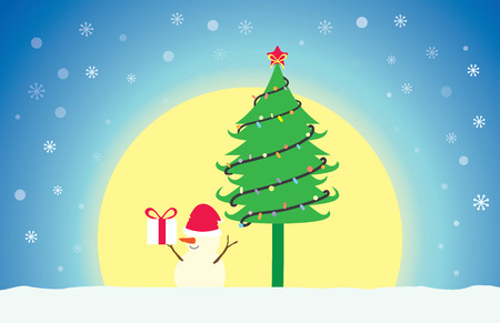 Snowman show a gift box under Christmas tree in the Blue sky at night.のイラスト素材