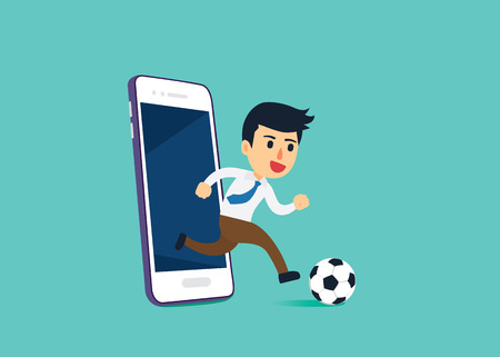 Businessman out of mobile phone screen to play footballのイラスト素材