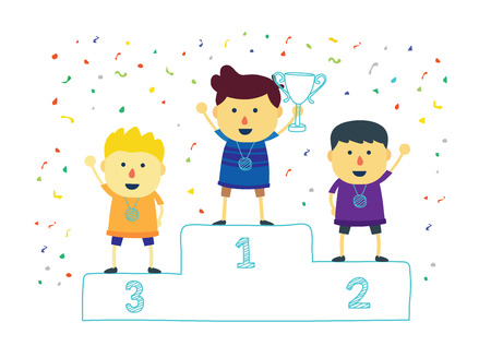 Winner kids holding up winning trophy.のイラスト素材