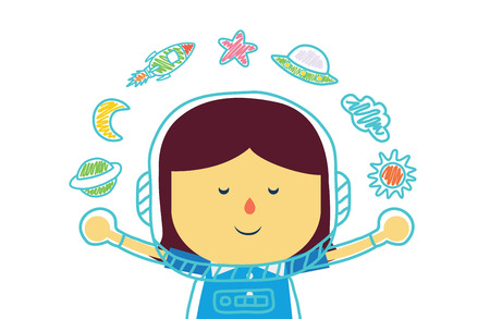 Kid who dreams of being in space with color pencil drawing in girl versionのイラスト素材