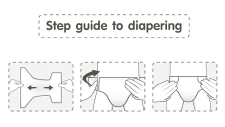 Step guide to diapering baby in mono tone color cartoon version for good introduction to use diaperのイラスト素材