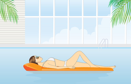 Women relaxing in a pool with resting on inflatable mattressのイラスト素材