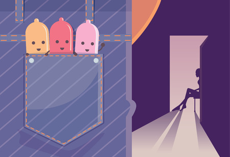 Man have 3 condom keep in back pocket of jeans. Front of this man is room of sexy women which door opening to see silhouette of her sitting on a chair. This illustration about sex conceptのイラスト素材