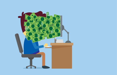 Many money out of computer screen to the man face which he is working.のイラスト素材