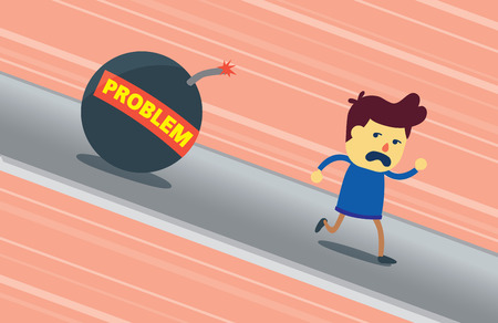 A man run away from problem bomb falling over on him. This illustration meaning a man be a coward he could not face problem.のイラスト素材