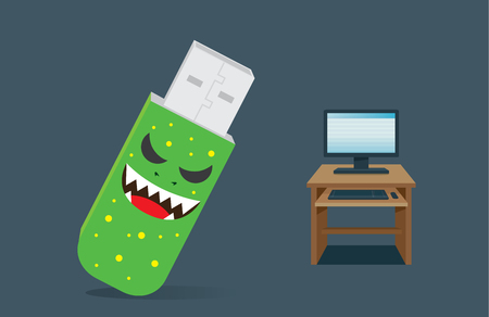 USB drive virus front side computer on desk. This illustration meaning to Malware are secretly hidden in the USB drive make problem to computer and data fileのイラスト素材