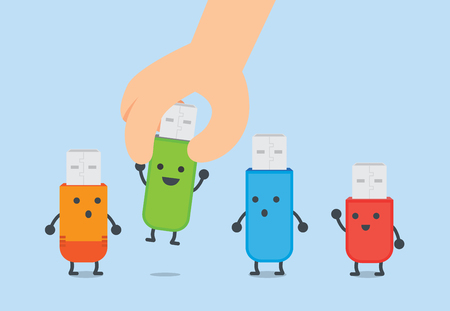 Hand picking to one flash drive up from group. This illustration refer to selection a good flash drive.のイラスト素材