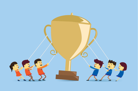 Two people group playing tug of war for get the golden trophy. Illustration about competition concept.のイラスト素材