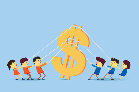 Two people group playing tug of war for big money symbol. Illustration about business competition concept.のイラスト素材
