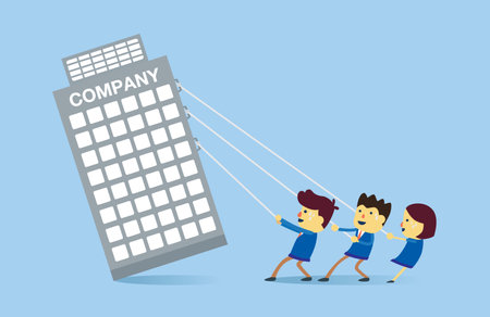 Business team pulling a company up from the floor. Illustration about established a company with teamwork and business partnerのイラスト素材