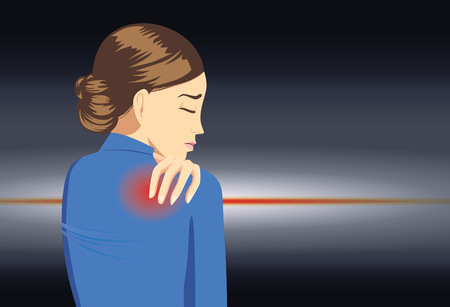 Working woman in blue suit touching her back because her have back painのイラスト素材