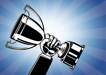 Hand holding trophy and lifting up on blue rising sun background. This illustration about business success concept in two tone color retro style.のイラスト素材