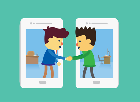 Businessman and customer out of white smartphone and shake hand for business dealing. This illustration about business dealing by communication technology.のイラスト素材