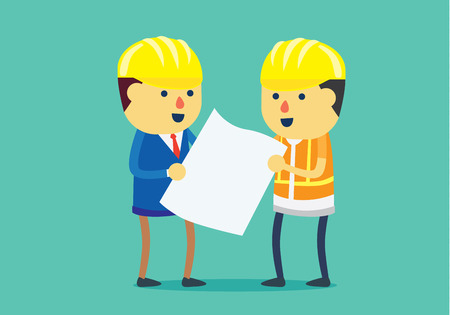 Engineer and architect wearing helmet and looking blueprint for working together in difference roles in team. This illustration about teamwork in difference roles.のイラスト素材
