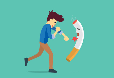 Man punching a cigarette to knock out. This illustration meaning to fighting for stop smoking.のイラスト素材