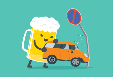 Beer lifting a car crashed into no parking signs. This illustration description to driving while drunk is case car accident.のイラスト素材