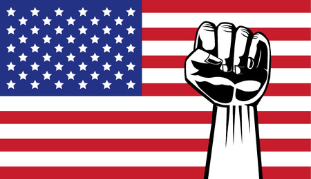 Lifting hand for showing fist on American flag background.  This illustration about USA independence day.のイラスト素材