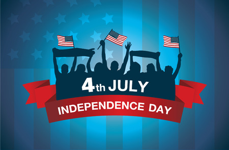 icon celebrate 4 July independence day of American on national flag background. Group people waving flags and gambol in silhouette style.のイラスト素材