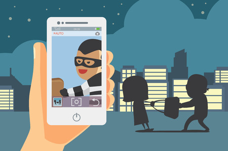 Use mobile capture at face of bandit snatching bag of woman and take picture at nightのイラスト素材