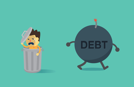 Man hiding from the debt bomb in a bin. This illustration is concept about not pay debt.のイラスト素材