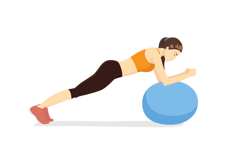 Woman workout with fitness ball in ball table top posture. Illustration about exercise with exercise equipment.のイラスト素材