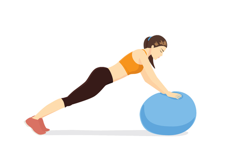 Woman workout with fitness ball in ball triceps extension posture. Illustration about exercise with exercise equipment.のイラスト素材