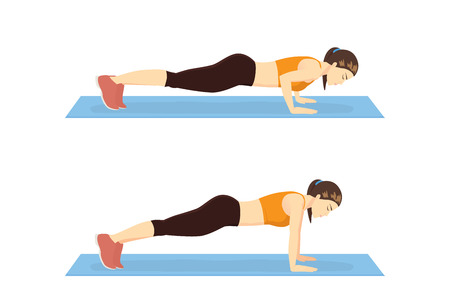 Step instruction for push up of woman. Cartoon illustration about work out.のイラスト素材