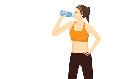 Sport woman lifting bottle and drinking water after workout for refresh.のイラスト素材
