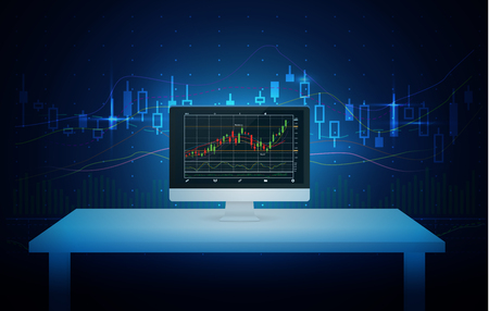 Computer on white table showing stock chart on screen with blue theme background. Illustration about finance and investment.のイラスト素材