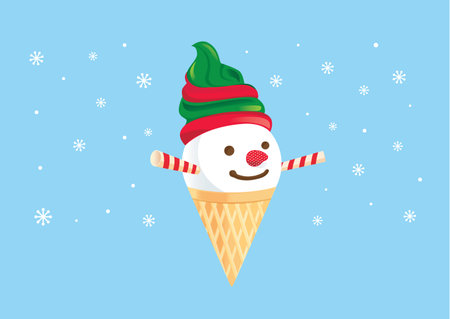 Snowman made of ice cream cone and dessert. Wafer stick and strawberry decoration to be face. Illustration about Christmas and winter.のイラスト素材