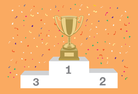 Champion trophy on the winner podium which have ribbon falling in background.のイラスト素材