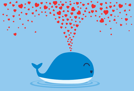 Whales spraying many heart out of their blowholes. Illustration about love and Valentine day.のイラスト素材