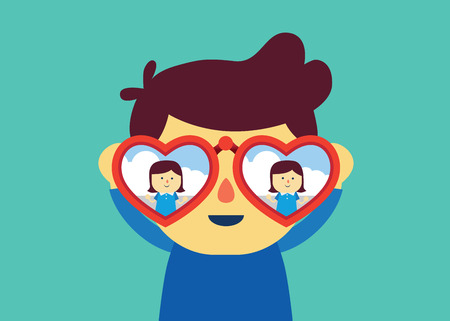 Man using binoculars with heart shape for finding girlfriend. Illustration about falling in love.のイラスト素材