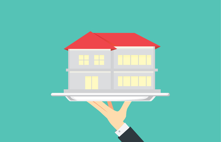 Hand holding house in silver tray. Illustration about real estate.のイラスト素材