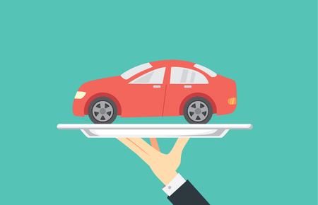 Hand holding small red car in silver tray. Illustration about buy and sale a car in catering concept.のイラスト素材