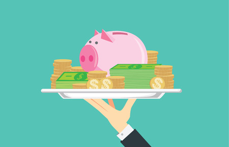Hand holding silver tray which have a saving money. Illustration about financial in catering concept.のイラスト素材