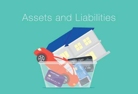 House and car and credit card and telephone in translucent box. Illustration about between assets and liabilities.のイラスト素材