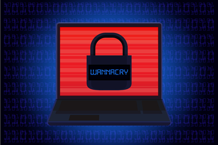 Laptop showing master key icon on screen over blue background in computer code theme. Illustration about ransomware called WannaCry.のイラスト素材