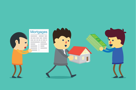 Homeowners choosing to sell the house to people who buy cash or mortgage.のイラスト素材