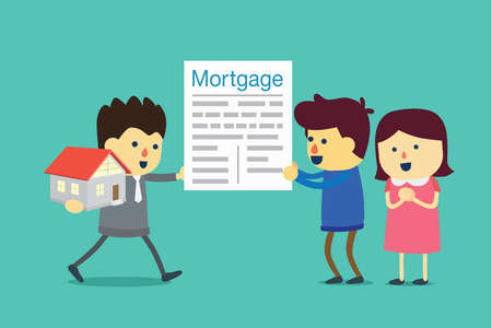Husband and wife take a mortgage commitment letter exchange for home with agent. Illustration about buying property.のイラスト素材