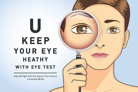 Woman holding magnifying glass for zoom and wording about eye test on blue background. Illustration is concept about eyesight.のイラスト素材