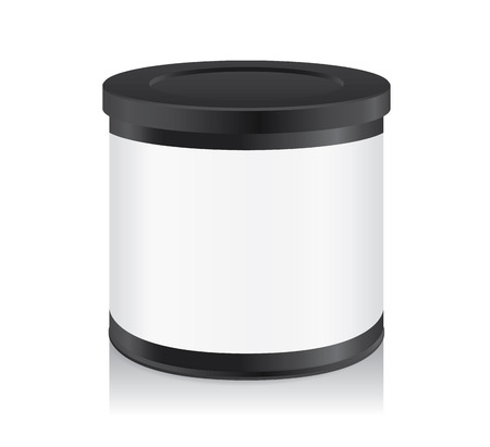 Black can have blank label isolated on white background. Ideal for whey protein container and other product mock up.のイラスト素材