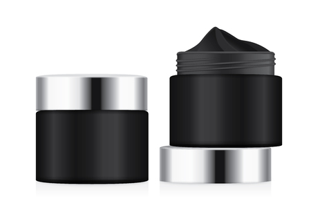 Cosmetic jar with silver lid opened to showing black foundation cream. illustration about mock up.のイラスト素材
