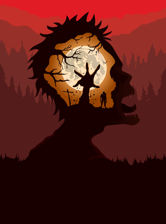 Double exposure of Silhouette Zombie screaming in Forest with hand of dead people rising out from ground in graveyard.のイラスト素材