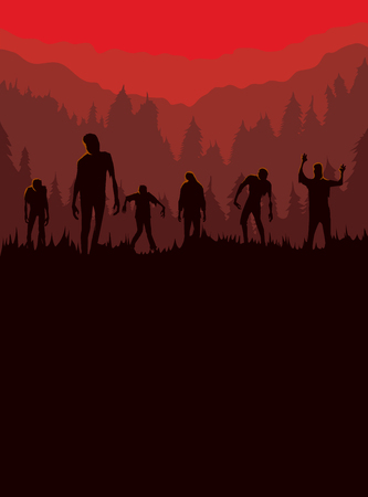 Silhouette of Zombie horde was exiting out of the graveyard at night. Ideal for Halloween theme poster and other.のイラスト素材