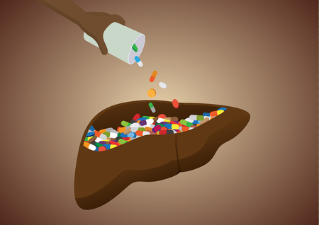 Hand put many drug into human liver. Illustration about danger of taking medicine overdose.のイラスト素材