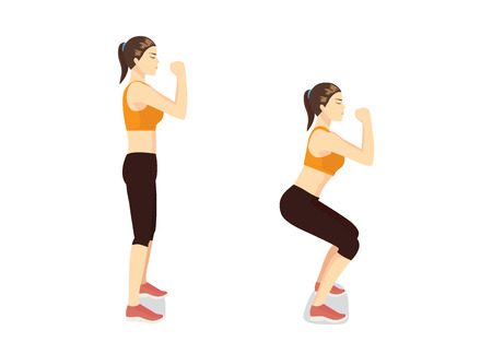 Correct step to doing workout with squat posture. Woman get perfect butt and legs with exercise.のイラスト素材