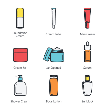 Line icon of beauty product packaging collection. Ideal for media about cosmetic container.のイラスト素材