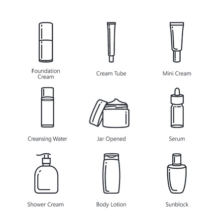 Line icon of beauty product packaging collection. Ideal for media about cosmetic container.のイラスト素材